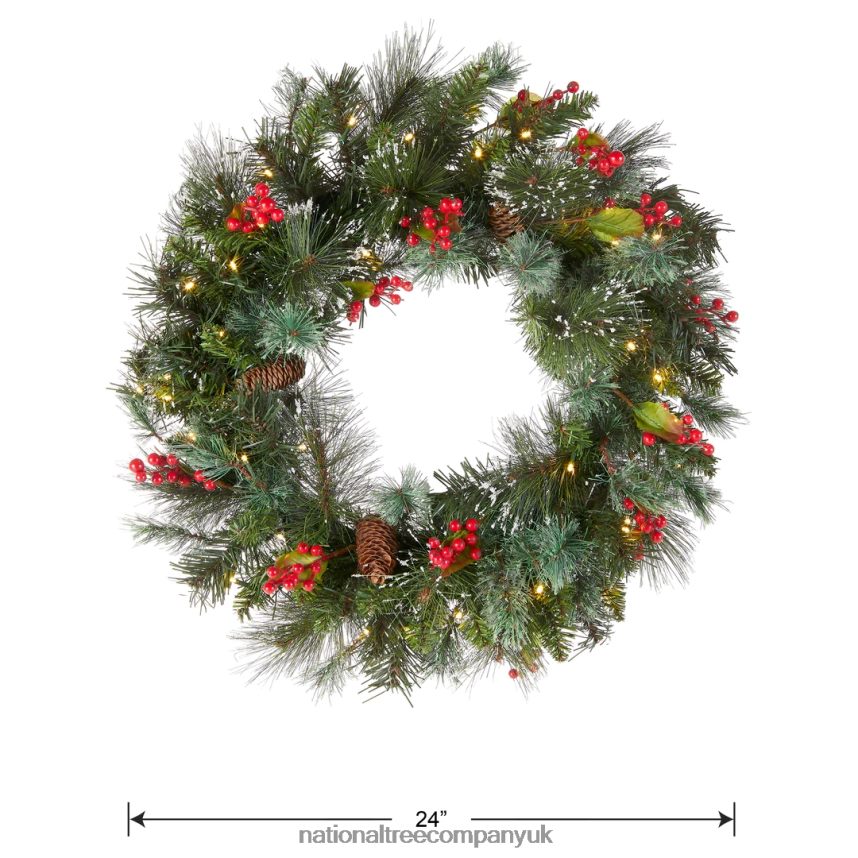 Greenery | National Tree Company Pre-Lit Artificial Christmas Wreath Green Crestwood Spruce White Lights Decorated with Pine Cones Berry Clusters Frosted Branches Christmas Collection 24 Inche
